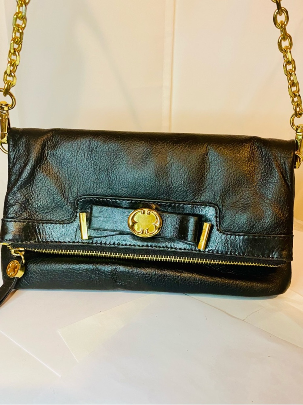 Emma Fox Black Leather Crossbody with Gold Hardware